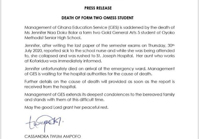 GES confirms death of OMESS student; cause of death still unknown
