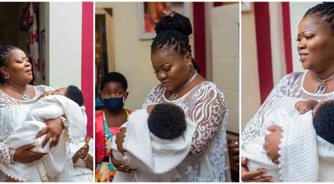 Veteran Ghanaian Actress, Mercy Asiedu, and Husband outdoor their Newborn baby (+Photos)